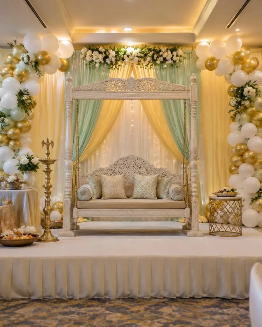 Godh bharai stage with carved swing, pastel drapes and white and gold balloons