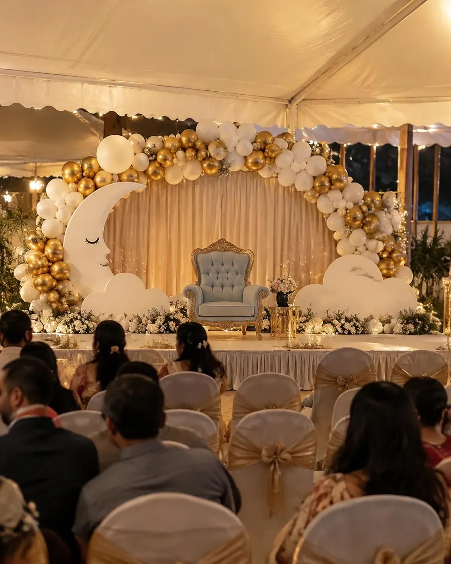 Baby shower stage under a tent with gold and white balloons and moon and cloud props