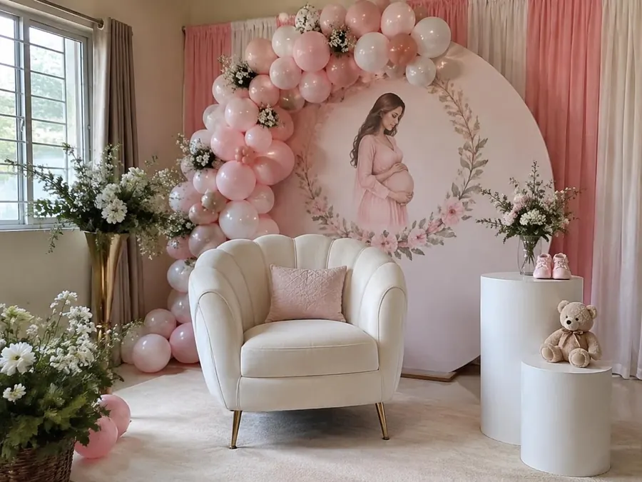 Pink and white balloon arch baby shower setup with armchair and teddy bear