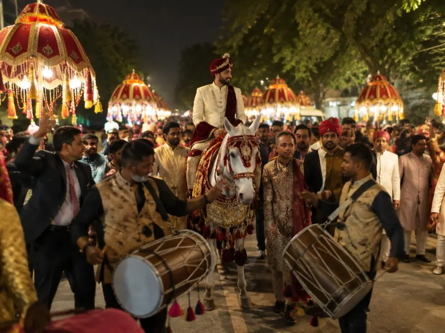 Groom on a decorated white horse with dhol players and umbrellas in a night baraat