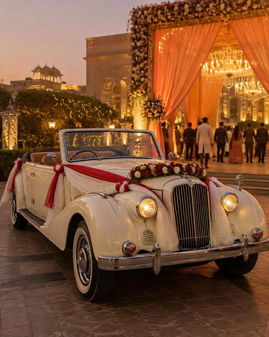 Decorated vintage car for the groom's entry at a wedding venue