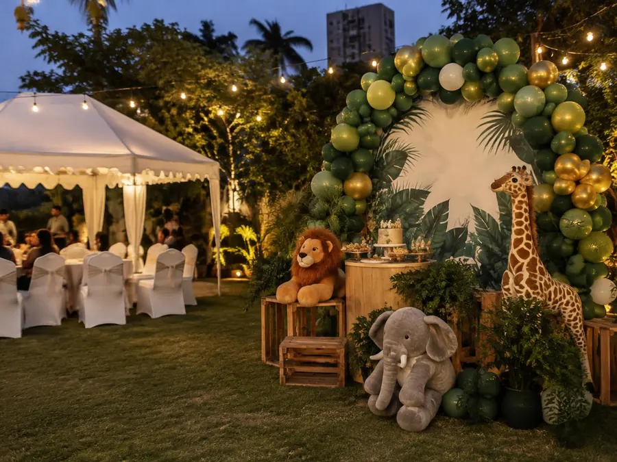 Jungle theme birthday setup on a lawn with green balloon arch and soft toy animals
