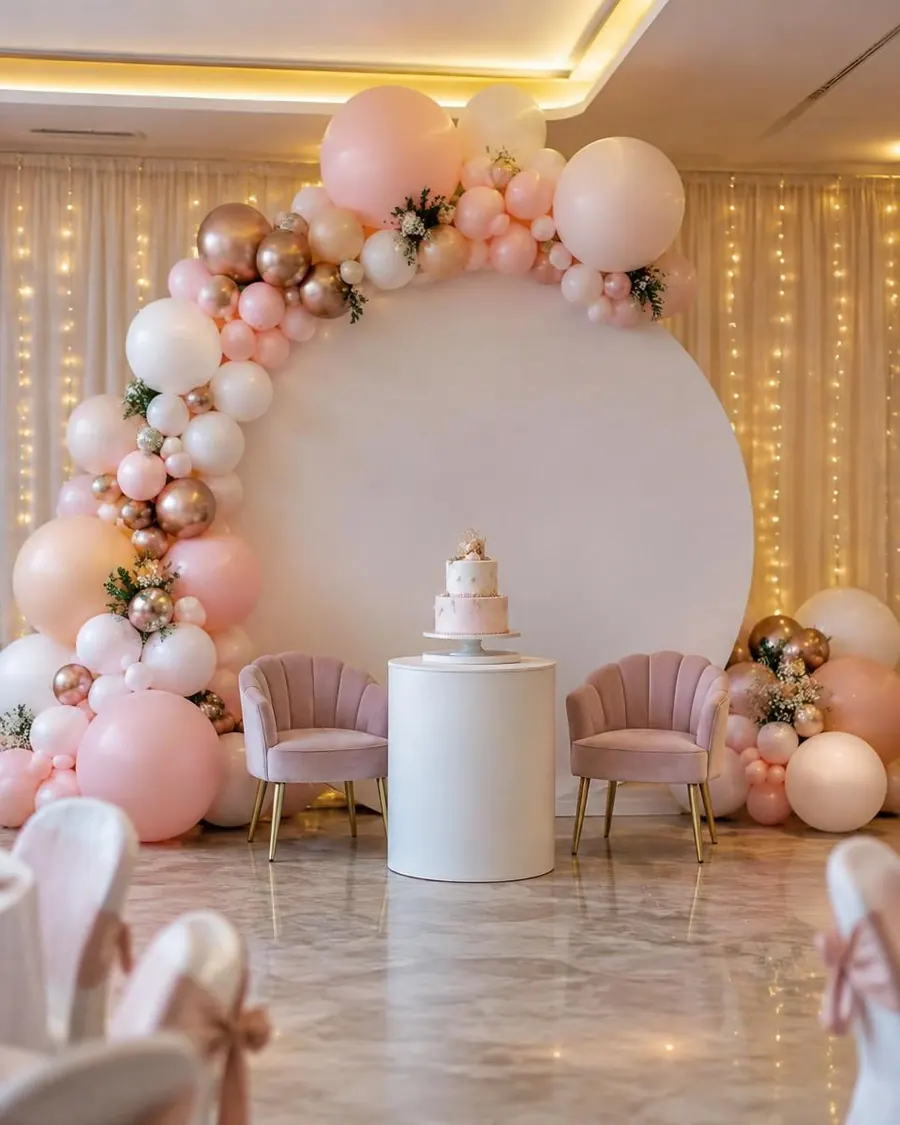 Pastel pink and peach balloon arch birthday stage with cake table