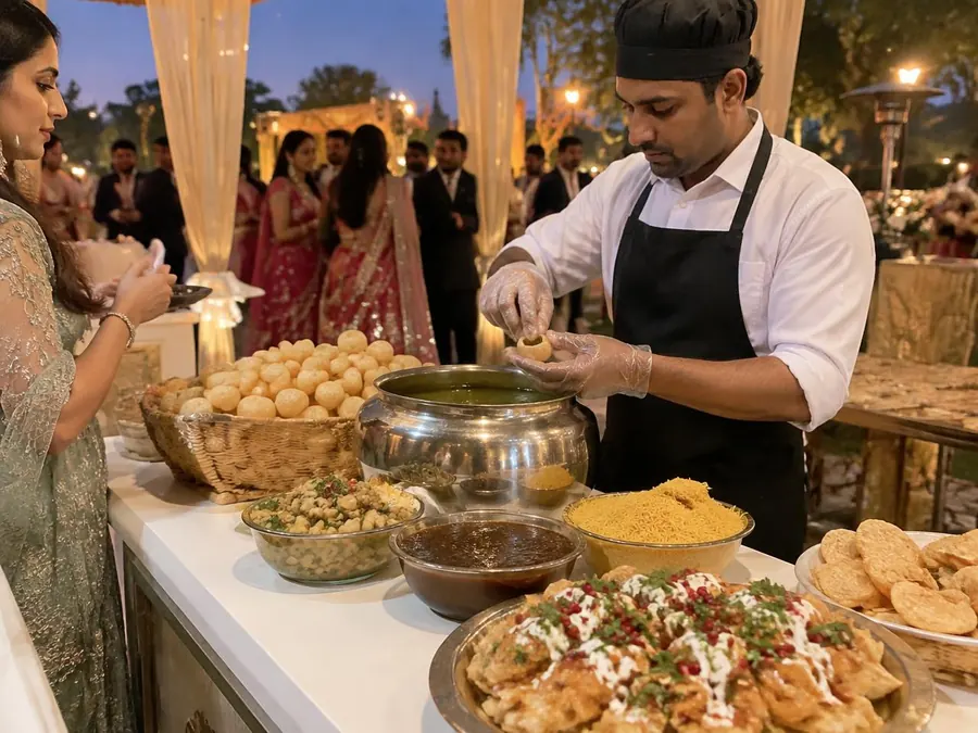 Live pani puri and chaat counter at an Indian wedding function