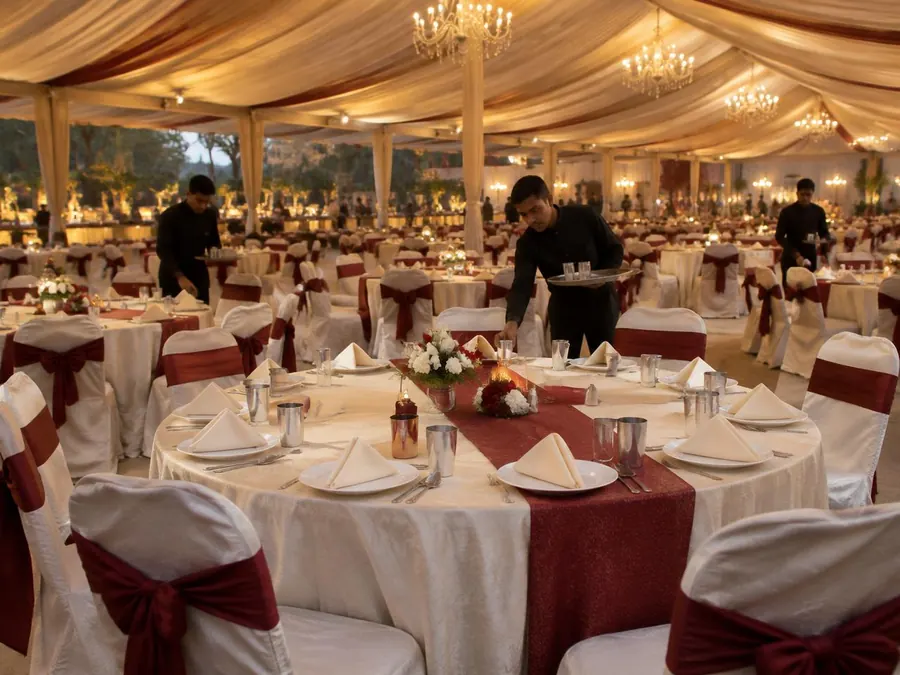 Guest dining tables set with plates and glasses inside a draped wedding tent