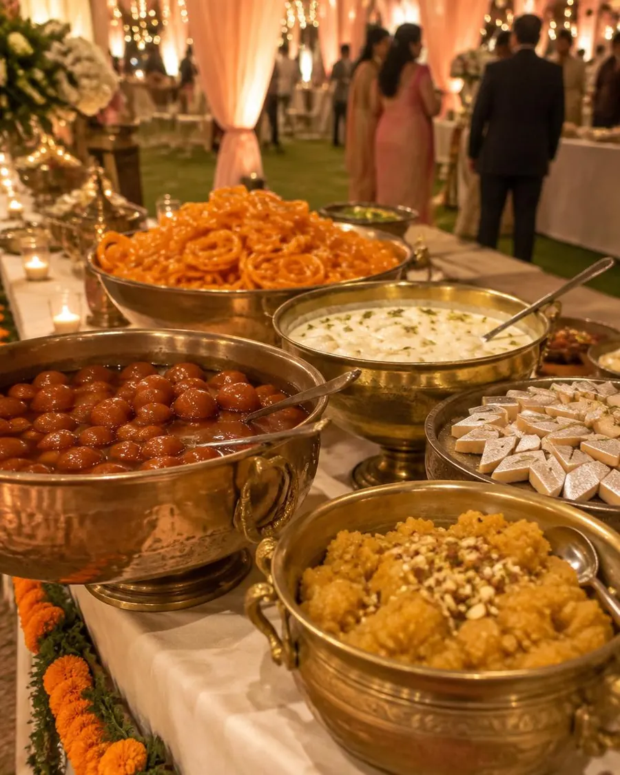 Indian sweets counter with gulab jamun, jalebi, rasmalai, kaju katli and halwa in brass bowls