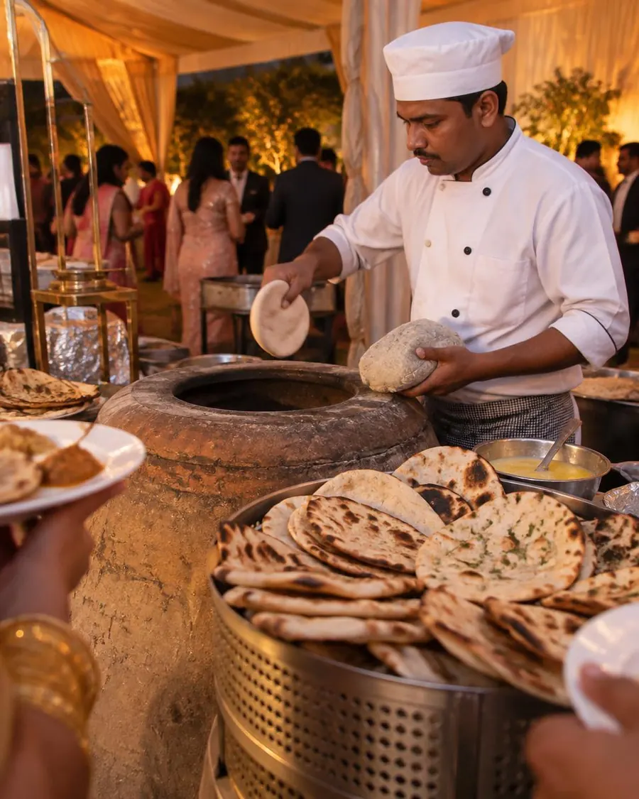 Live tandoor counter with a cook making fresh naan and roti at a wedding