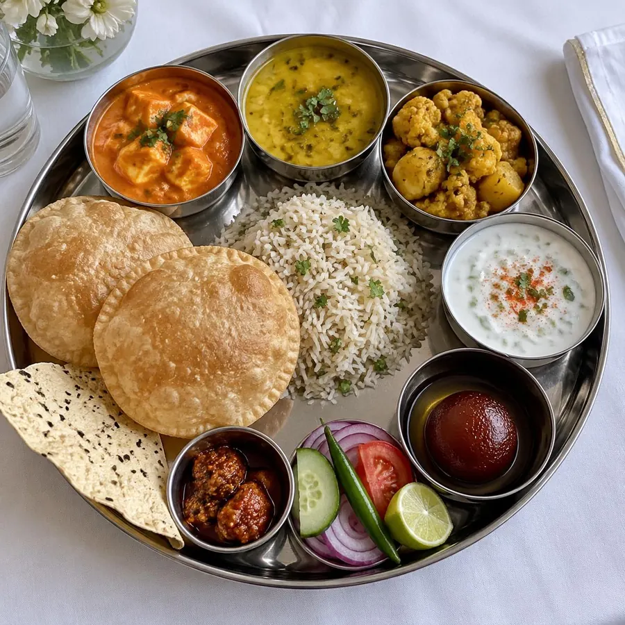 Traditional Indian vegetarian thali with paneer, dal, rice, puri, raita and gulab jamun