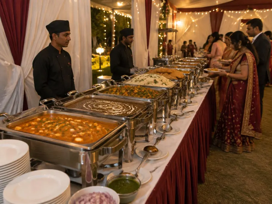 Indian wedding buffet line with chafing dishes of paneer, dal makhani, veg and rice