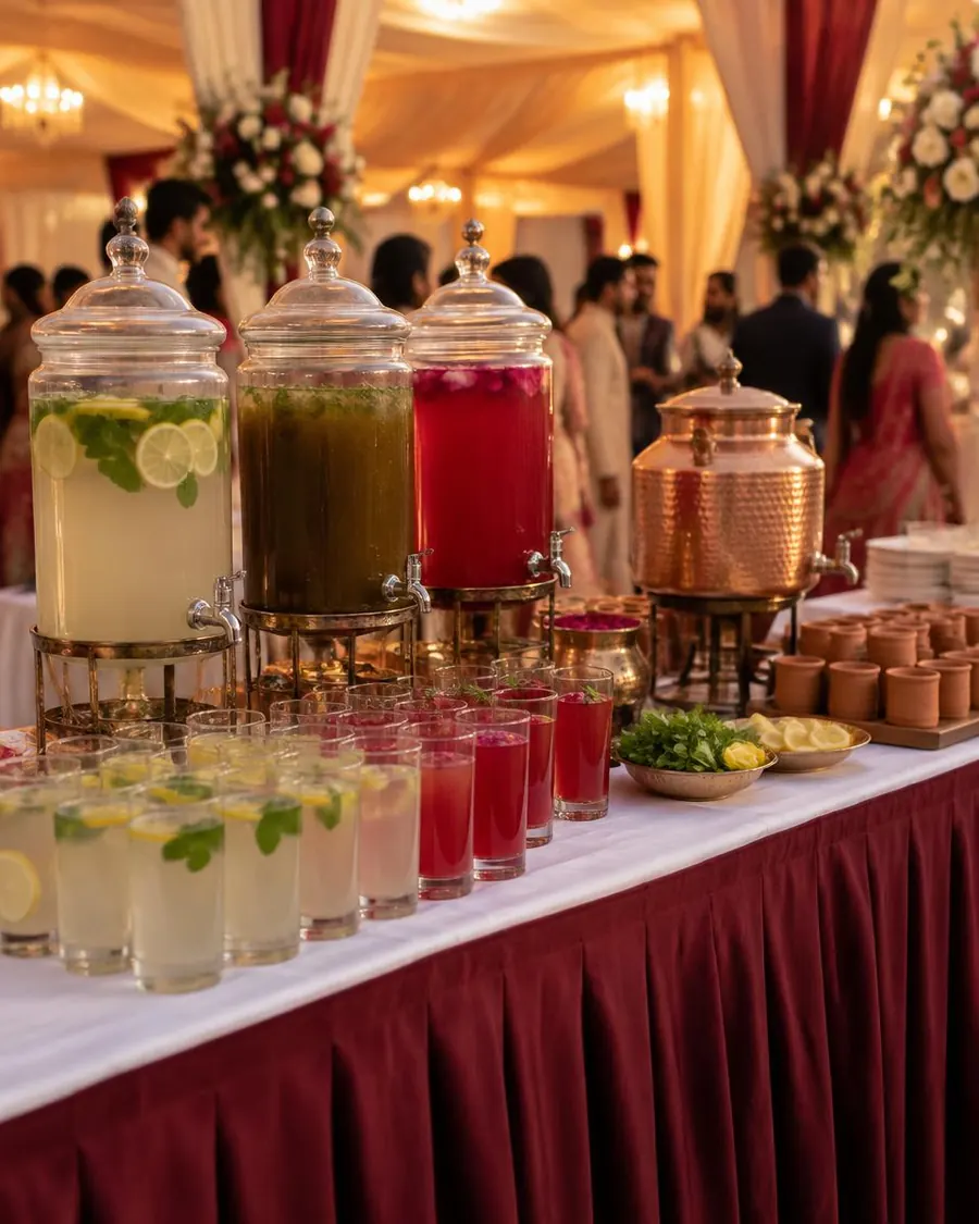 Welcome drinks counter with lime soda, jaljeera, rose sherbet and kulhad chai