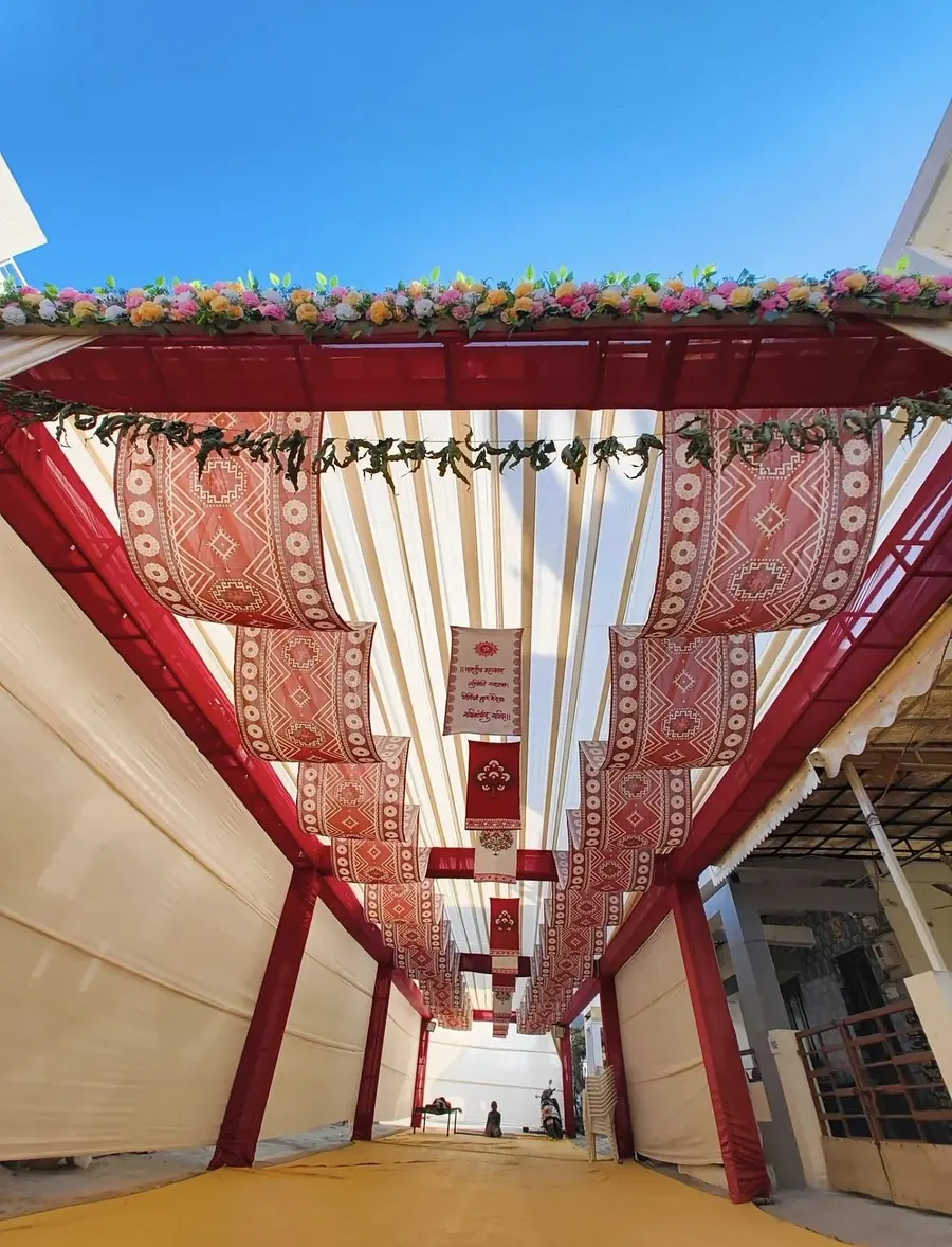 Red frame shamiana walkway with printed fabric panels and kanat side walls by Raju Tent & Catering Services, Bilaspur